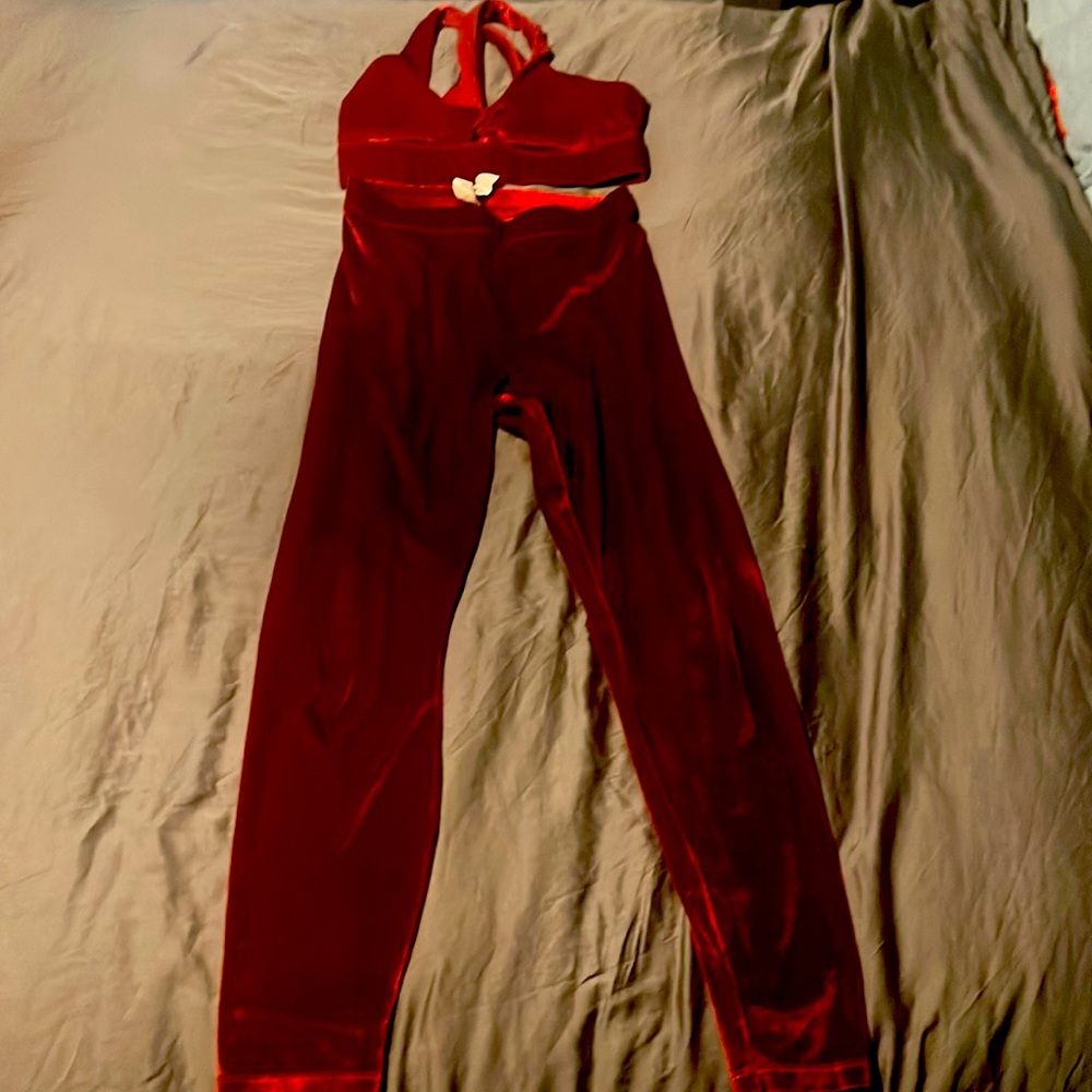 Fabletics red velvet leggings and sports bra